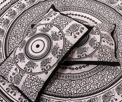 Black & White Mandala Elephant Bedsheet | Ethnic Cotton Double Bedsheet Set