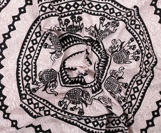 Black & White Mandala Elephant Bedsheet | Ethnic Cotton Double Bedsheet Set