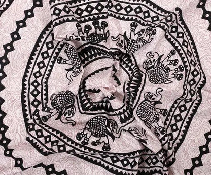 Black & White Mandala Elephant Bedsheet | Ethnic Cotton Double Bedsheet Set