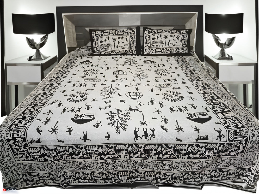 Tribal Charm in Monochrome – King Size Cotton Bedsheet Set