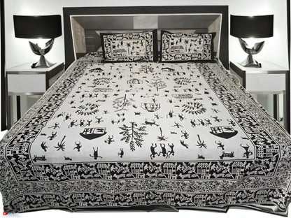 Tribal Charm in Monochrome – King Size Cotton Bedsheet Set