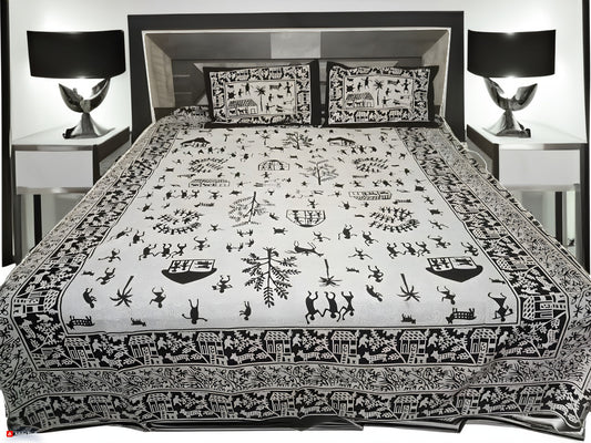 Tribal Charm in Monochrome – King Size Cotton Bedsheet Set