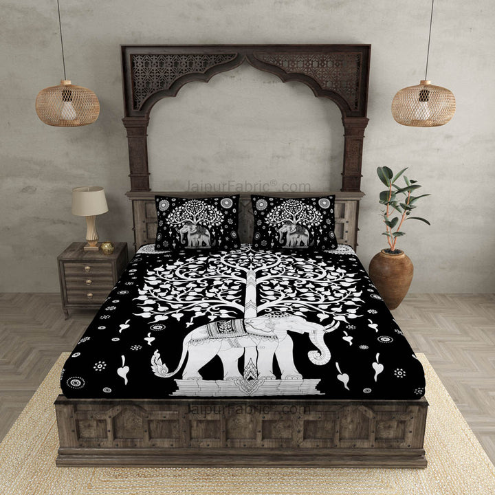 Black & White Tree of Life Bedsheet | Elephant Rajasthani Print | 100% Cotton
