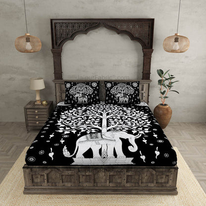 Black & White Tree of Life Bedsheet | Elephant Rajasthani Print | 100% Cotton