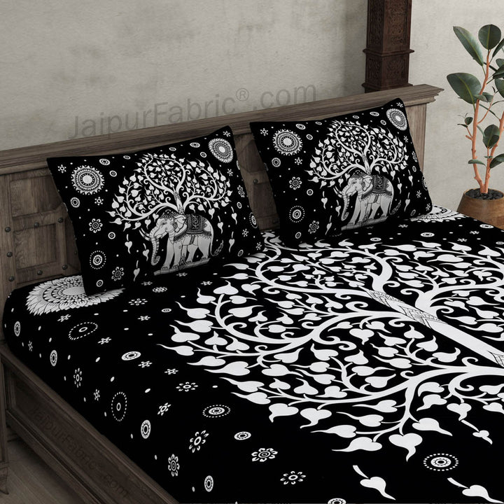 Black & White Tree of Life Bedsheet | Elephant Rajasthani Print | 100% Cotton