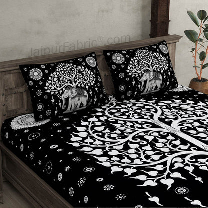 Black & White Tree of Life Bedsheet | Elephant Rajasthani Print | 100% Cotton