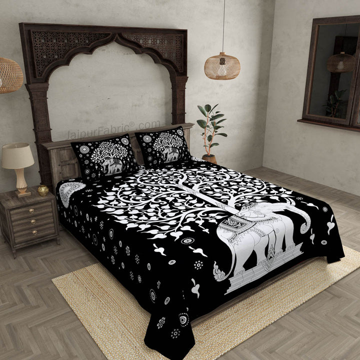 Black & White Tree of Life Bedsheet | Elephant Rajasthani Print | 100% Cotton